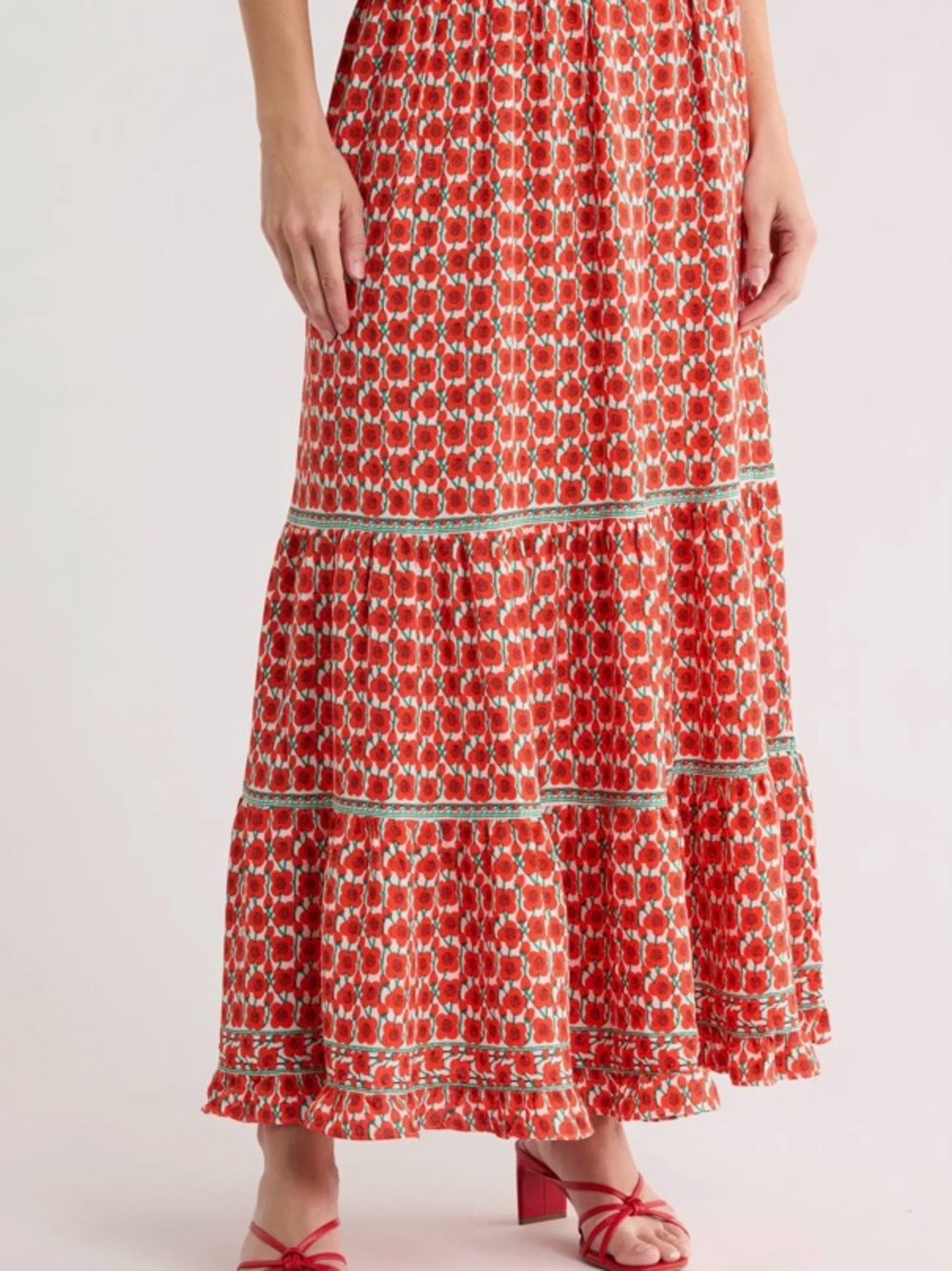 Max Studio Red Floral Tiered Maxi Tiered Skirt
